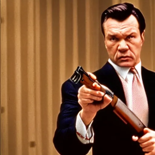 Image similar to Viktor Yanukovych holding a shotgun as the American Psycho, cinematic still