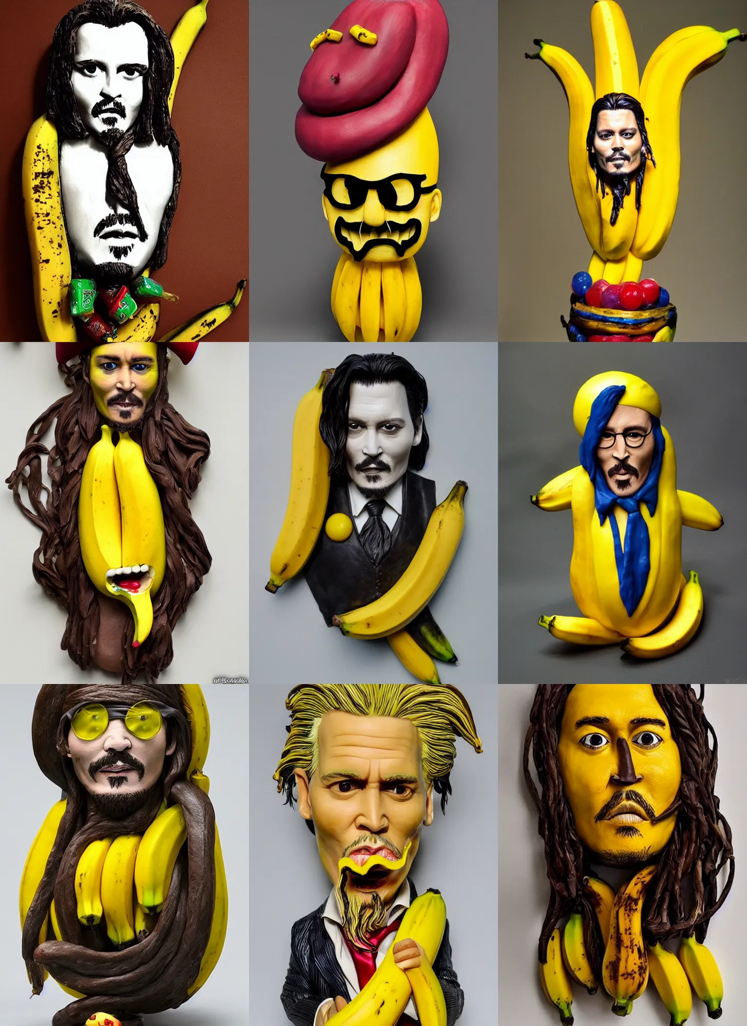 Prompt: banana!!! sculpture of johnny depp, banana art, candy decorations, studio lighting