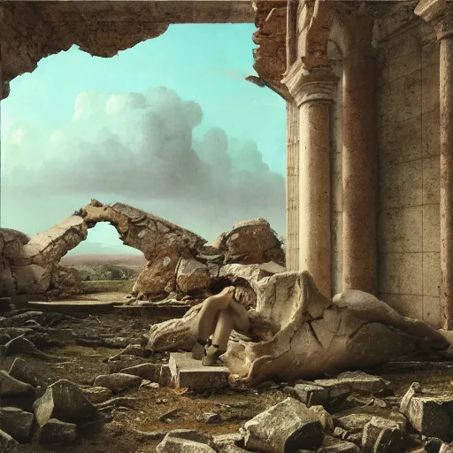 Image similar to hyperrealistic surrealism, David Friedrich, award winning masterpiece with incredible details, Zhang Kechun, a surreal vaporwave vaporwave vaporwave vaporwave vaporwave painting by Thomas Cole of a gigantic broken mannequin head sculpture in ruins, highly detailed, trending on ArtStation