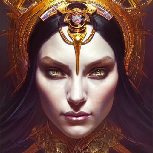 Image similar to perfectly-centered-Portrait of a sinister Goddess, intricate, highly detailed, digital painting, artstation, concept art, smooth, sharp focus, illustration, Unreal Engine 5, 8K, art by artgerm and greg rutkowski and alphonse mucha