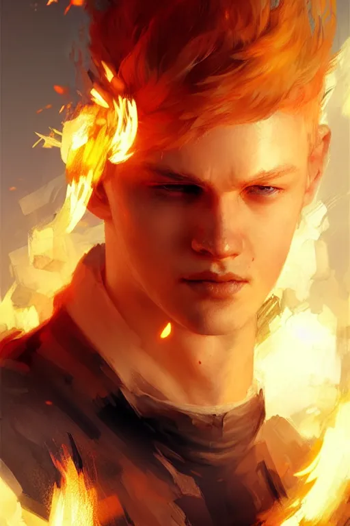 Image similar to character art by ruan jia, young man, blonde hair, on fire, fire powers