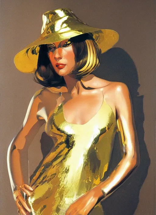 Prompt: a portrait of a beautiful girl in a gold foil hat painted by Syd Mead