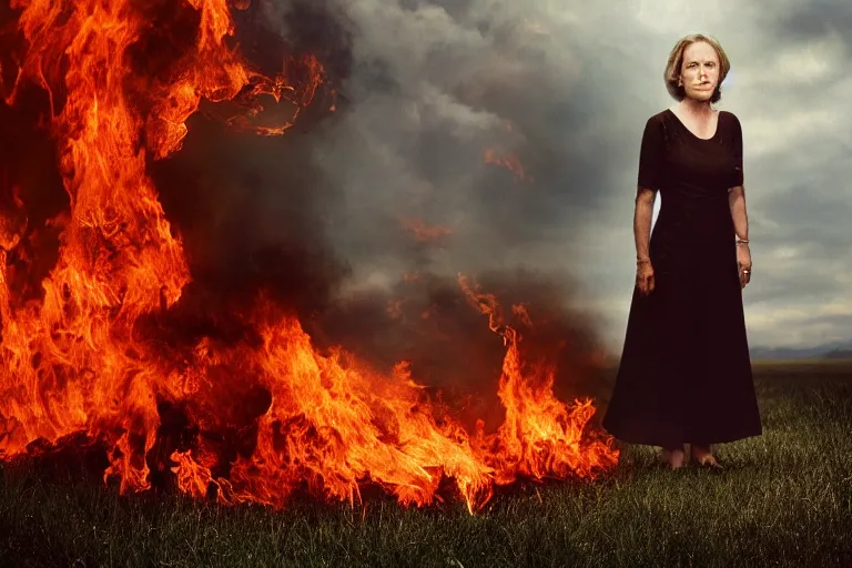 Prompt: a cinematic headshot portrait of a middle aged woman, stood in a field on fire, ultra realistic, depth, beautiful lighting, by annie leibovitz