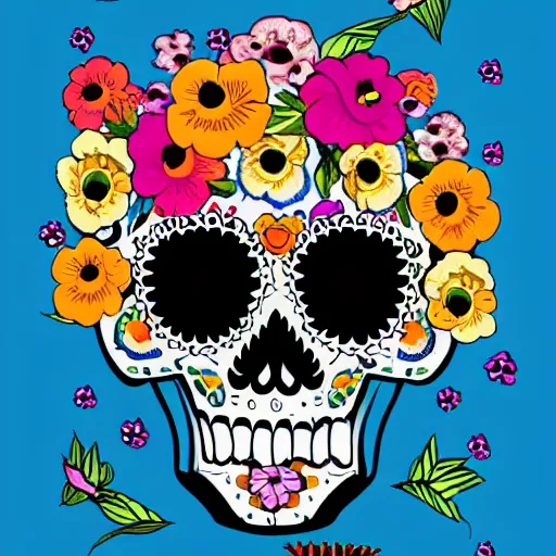 Image similar to a catrina skull covered in flowers, colorful illustration