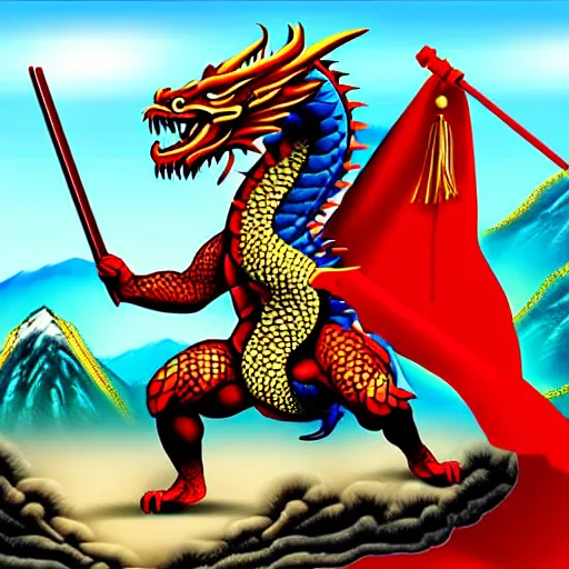 Image similar to Chinese president, battle, bananas weapon, dragon, mountains background, fighting stance, painting