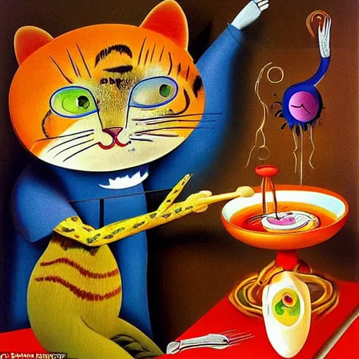 Image similar to anthropomorphic cat chef cooking a delicious colorful soup, by Salvador Dali