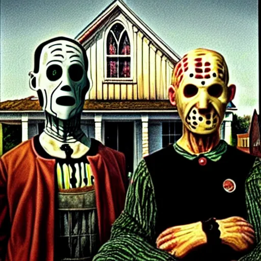 Prompt: Freddy Krueger and Jason Voorhees reimagined as the American Gothic painting