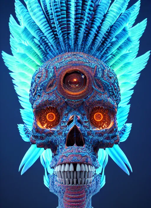 Image similar to 3 d shaman profile portrait, sigma 5 0 0 mm f / 5. beautiful intricate highly detailed quetzalcoatl skull and feathers. bioluminescent, plasma, lava, ice, water, wind, creature, thunderstorm! artwork by tooth wu and wlop and beeple and greg rutkowski, 8 k trending on artstation,