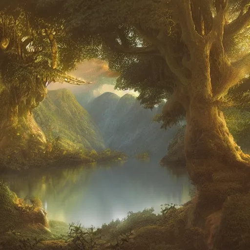 Image similar to Rivendell in the evening, detailed matte painting, Alan Lee, Artstation