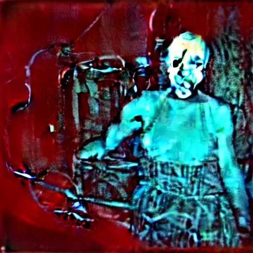 Image similar to Creepy female-ghost surrounded by cables in dirty motel room, red devil carpet | cyanotype 50's scratched photo | Aesthetics of Silent Hill 3 game