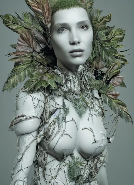 Image similar to complex intricate 3 d render hyper detailed ultra sharp of a cyborg beautiful porcelain woman with big leaves and stems in her hair, overgrown foliage, fungi pores, octane, 8 k,