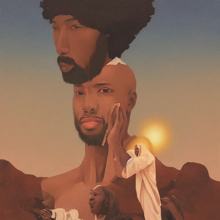 Prompt: UFO hovering over an African Jesus ,painting by Hsiao-Ron Cheng,