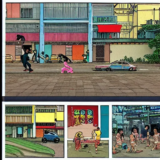 Prompt: a snapshot of daily life in a singaporean neighbourhood, by moebius