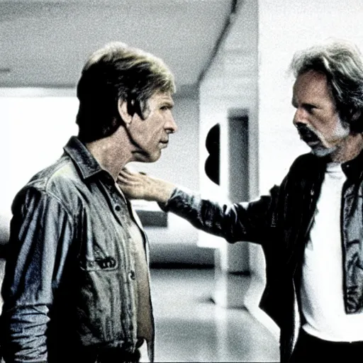 Prompt: movie still, 1 9 8 0 s, harrison ford and john carpenter talking, sci - fi corridor in the background, hyperdetailed, by ridley scott and john carpenter, blue leds