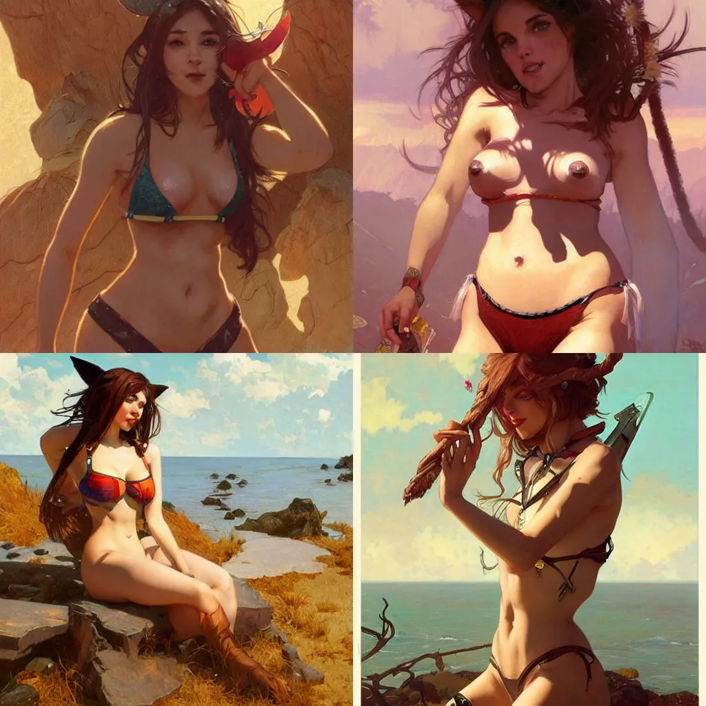 Prompt: feminine anthropomorphic coyote wolf character in a bikini. Renowned character illustration by greg rutkowski, thomas kindkade, alphonse mucha, loish, norman rockwell. Trending on artstation.