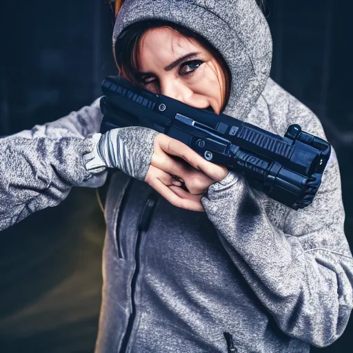 Image similar to photographic portrait of a techwear woman holding a Glock 18, closeup, on the rooftop of a futuristic city at night, sigma 85mm f/1.4, 4k, depth of field, high resolution, 4k, 8k, hd, full color