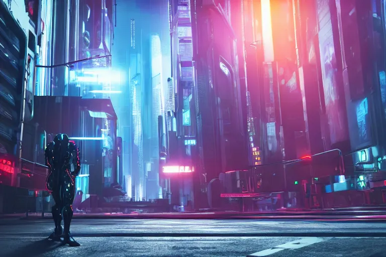 Image similar to cyberpunk alien concept inspired street, futuristic look, highly detailed body, very powerful, photorealistic camera shot, bright studio setting, studio lighting, crisp quality and light reflections, unreal engine 5 quality render