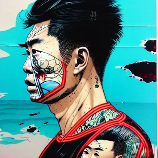 Image similar to a portrait of a chinese man with side profile blood in ocean intricate details by MARVEL comics and Sandra Chevrier-C