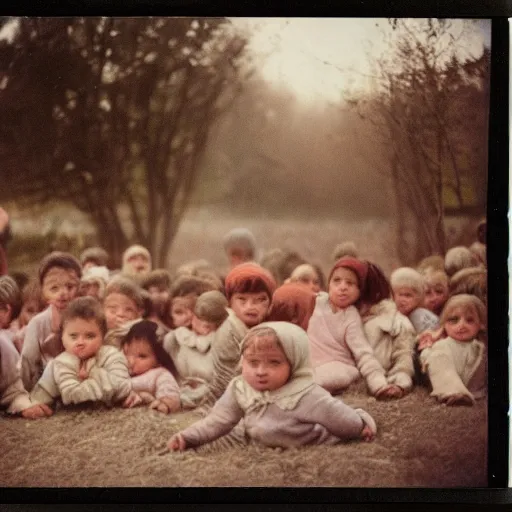 Prompt: crowd of infants in a village, Cinematic focus, Polaroid photo, vintage, neutral colors, soft lights, foggy, by Steve Hanks, by Serov Valentin, by lisa yuskavage, by Andrei Tarkovsky
