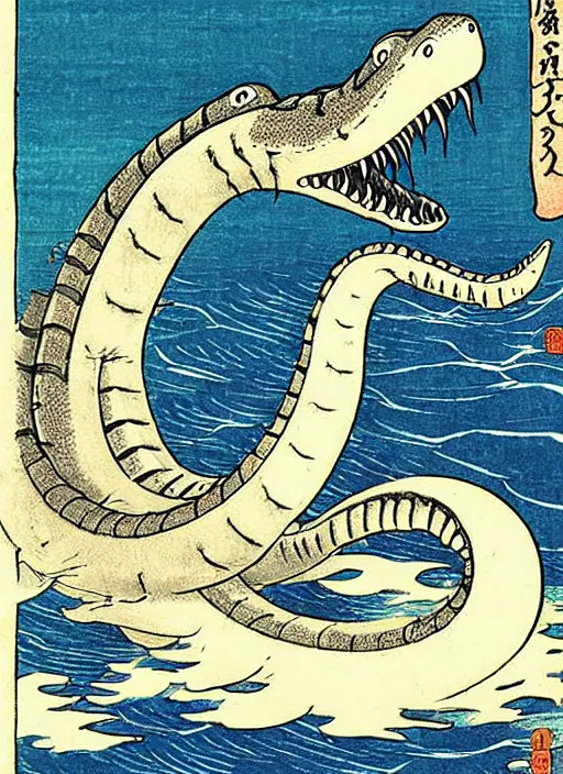 Image similar to the loch ness monster, plesiosaur, as a yokai illustrated by kawanabe kyosai and toriyama sekien