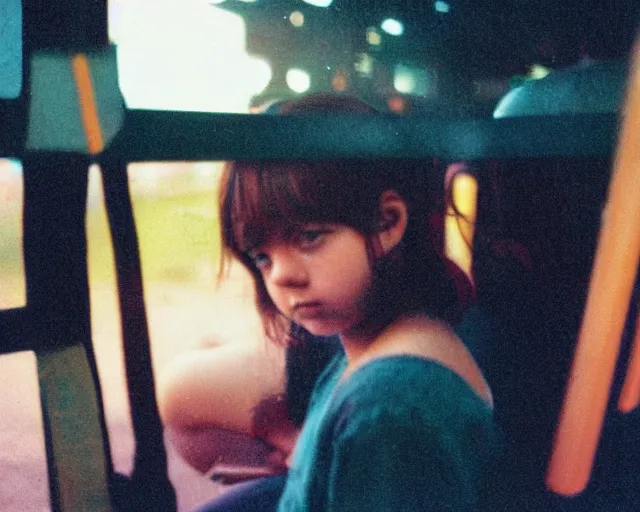 Image similar to lomo photo of shy goth girl sitting in empty bus, sunset, cinestill, bokeh