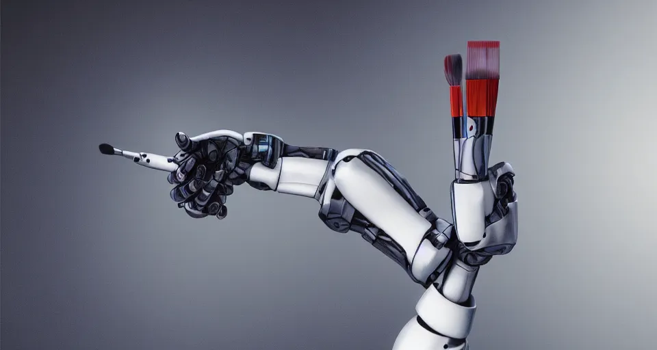 Image similar to a robot hand holding a paint brush, photorealistic, 4k