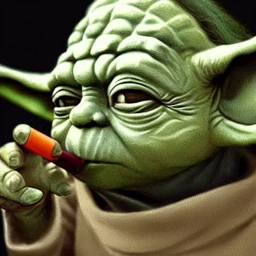 Prompt: Yoda smoking a cigarette, digital art, realistic, artstation, detailed