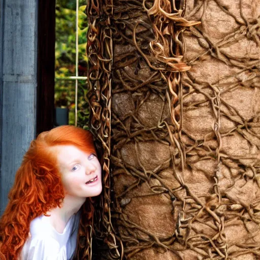 Prompt: a ginger hair princess locked in tower like rapunzel