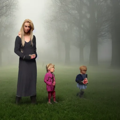 Image similar to a beautiful blonde woman with her kids in a grave yard, fog, scary, realistic, 8k resolution, hyperdetailed, highly detailed, real life, street lighting, high quality