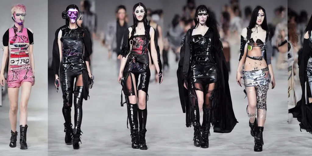 Image similar to catwalk fashion in cyberpunk style