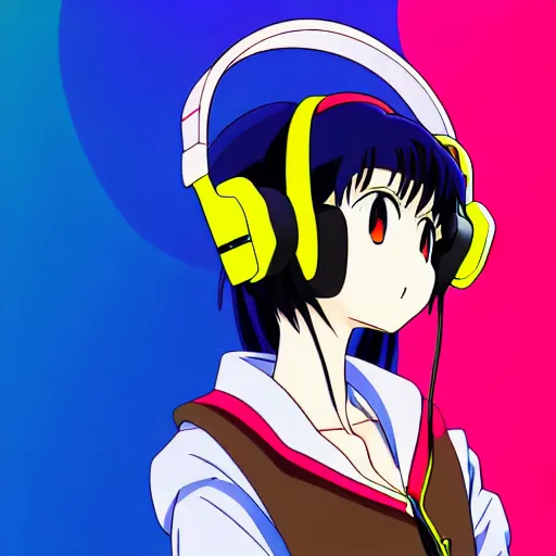 Image similar to An anime character's head wearing retro headphones. 90s anime, Sailor Moon, Neon Genesis, official art, flat cell shading, fantastic screenshot art, trending on artstation, muted nostalgic colors