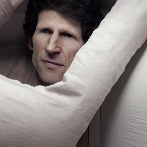 Image similar to A photograph of Todd Howard looking out from under a bed, 4K UHD, high quality, low light, funny