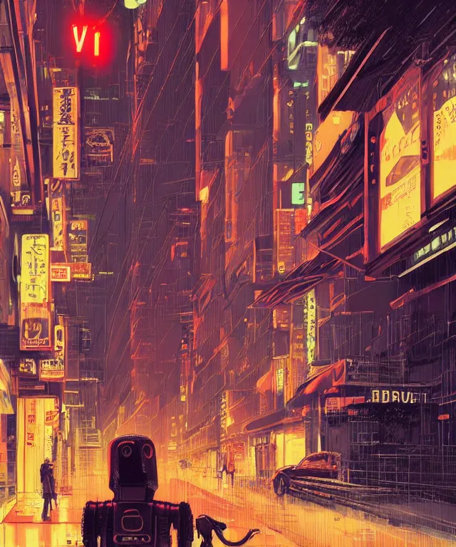 Image similar to big red robot waiting in street from paris or neo tokyo , humid ground, people and creatures walking holding neon ombrellas, volumetric light, bokeh light from top, science fiction elements like droids or computer screens, brutalist architecture, rainy mood, artstation, art by françois schuiten and moebius and pascal campion