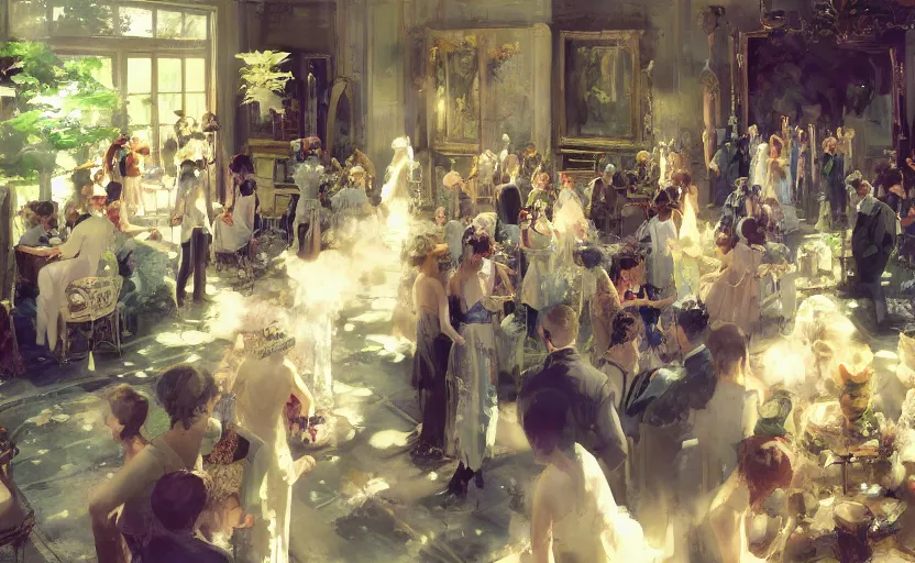 Image similar to craig mullins and ghibli digital painting of a 1 9 2 0 s grand party in a beautiful mansion, many partygoers, strong contrast, unreal engine, hyper realism, realistic shading, cinematic composition, realistic render, octane render, detailed textures, photorealistic, ultrawide shot, 3 5 mm film