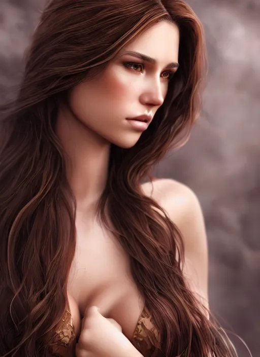 Image similar to a gorgeous female with long brown hair, photo by lara jade, realistic, full body shot, wide angle, sharp focus, 8 k high definition, insanely detailed, intricate, elegant, art by stanley lau and artgerm, floating embers