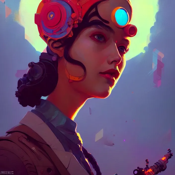 Prompt: a beautiful painting of a atompunk girl by moebius and pascal blanche and josan gonzalez and greg rutkowski and sachin teng! and ross tran. in style of futurism art. brush stroke, vibrating colors, hyper detailed. 4 k texture. beautiful features. octane render. trending on artstation
