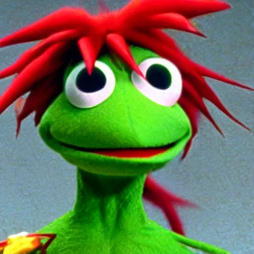 Prompt: Stills from the anime Neon Genesis Evangelion, Kermit the Frog from Sesame Street as an attacking angel