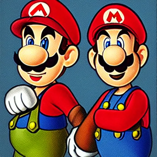 Image similar to a portrait of mario and luigi of super mario brothers, by h. r. giger