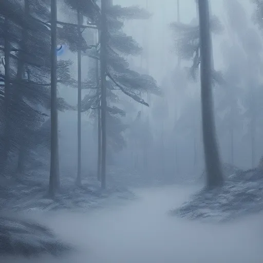 Prompt: a foggy forest covered with snow, Greg Rutkowski