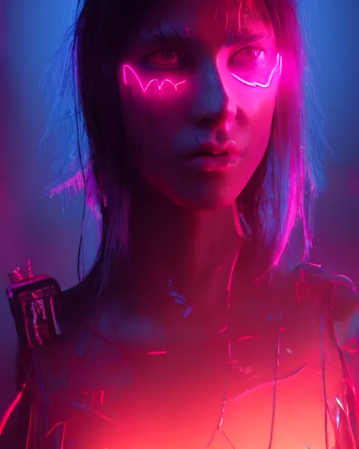 Image similar to neon raver girl in a dark bloody cathedral, cgsociety, detailed, unreal engine, textured, cinematic, character design, concept art, colors trending on artstation