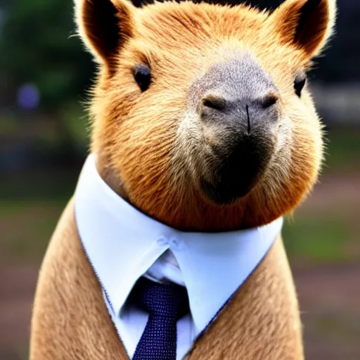 Image similar to an antropomorphic capybara wearing a suit