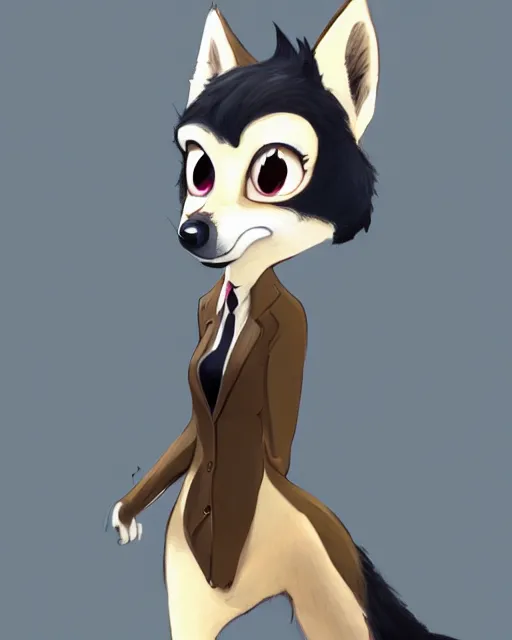 Image similar to full body oil painting of anthromorphic female wolf, in style of zootopia, female fursona, furry, furaffinity, 4 k, deviantart, furry art, fursona art, wearing black business suit, business suit, wolf fursona, female, very expressive detailed feminine face,