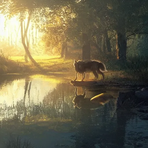 Image similar to A wolf sitting alone in a pond, golden sunlight, evening, beautiful, sad, artstation greg rutkowski