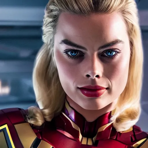 Image similar to margot robbie wearing an iron-man costume, detailed face, photorealistic, cinematic