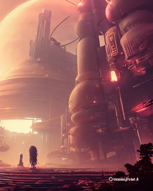 Image similar to beautiful landscape, nier automata, protoss temple!!!, machine planet, pink sun, advanced technology, cinematic lighting, highly detailed, masterpiece, art by bastien grivet and darwin cellis and jan urschel