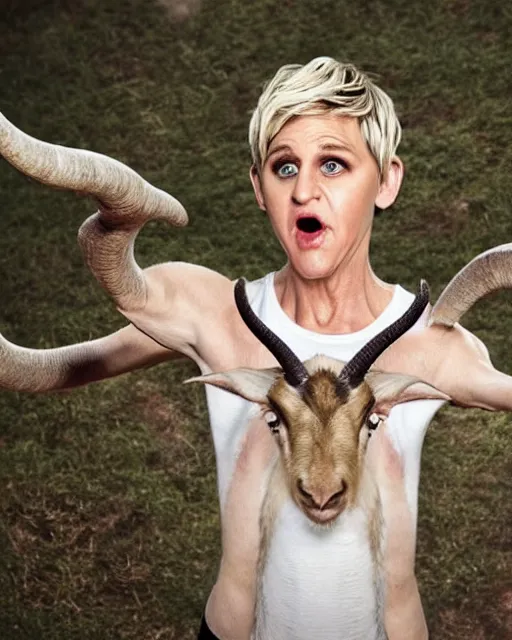 Image similar to angry ellen degeneres as a goat person, she looks like a demonic mythological satyr with yellow goat eyes with horizontal pupils, long goat like ears, and goat horns on her head, 8 k, photo shoot, 9 inch kershaw soft focus lens f / 5. 6 bokek