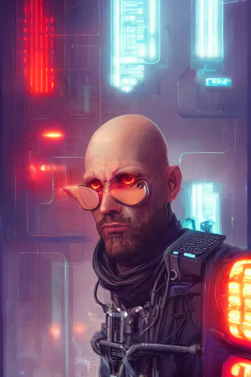 Image similar to a full body illustration of an male cyberpunk character wearing bionic implants, criminal mugshot, bald, bearded, highly detailed, oil on canvas, soft lighting, neon pastel colors, by WLOP and Greg Staples, HD, 4K