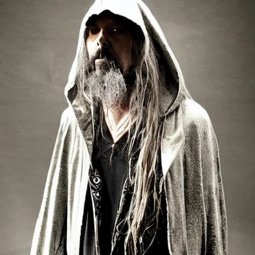 Prompt: rob zombie wearing a dark hooded cloak