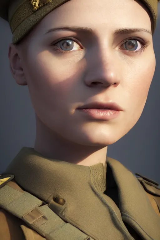 Image similar to ultra realistic facial portrait of beautiful nordic woman wearing a world war 1 uniform, digital art, character portrait, highly detailed, trending on artstation, lens flare, atmosphere, hyper realistic, cinematic lightning, sharp focus, unreal engine 5, extreme details perfect face, pretty face, fine - face, illustration, 8 k, ultra texture, masterpiece