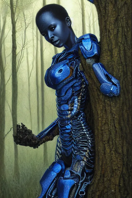Prompt: hyperrealistic concept art very beautiful! black woman with detailed exoskeleton armor, touching tree in a forest, brad kunkle elson peter, dramatic blue light low angle hd 8k sharp focus masterpiece